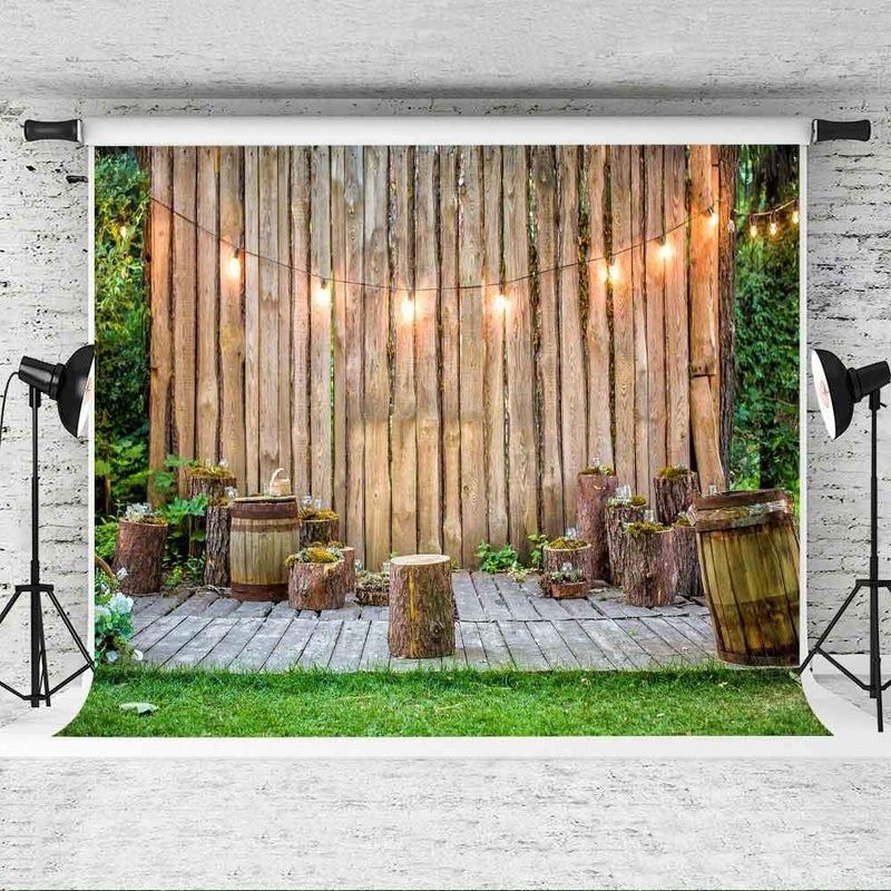 EOA 7(W) x5(H) FT Wooden Plank Lights Rustic Park Backdrop Green Plants Garden Picnic Leisure Photography Background - Great for Birthday, Studio, Booth, Party, Events, Portrait Use Props - Image 3